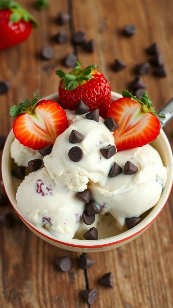 A bowl of quick homemade ice cream topped with chocolate chips and strawberries on a wooden table.